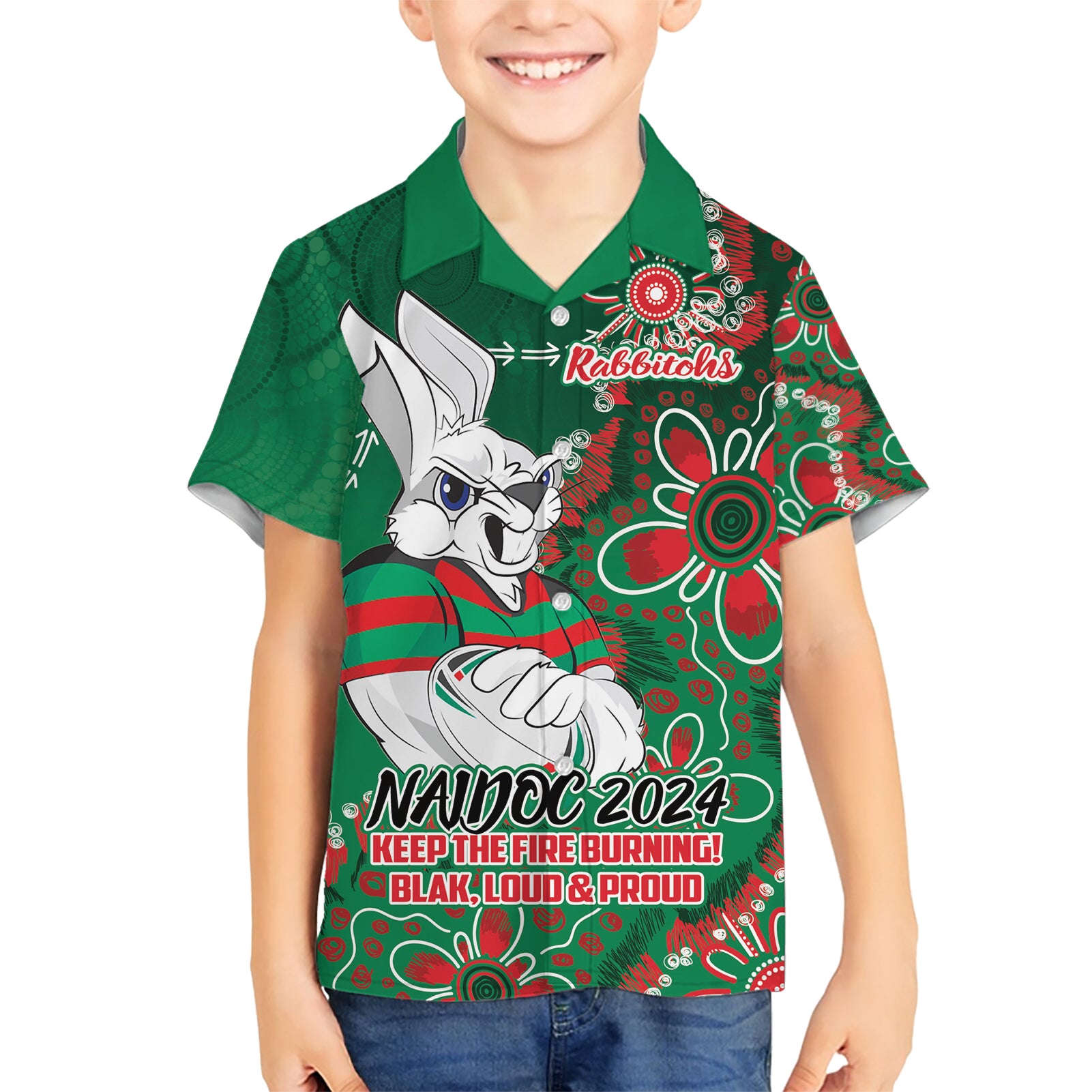 Personalised Rabbitohs NAIDOC Week 2024 Hawaiian Shirt Aboriginal Fire Burning Sparks