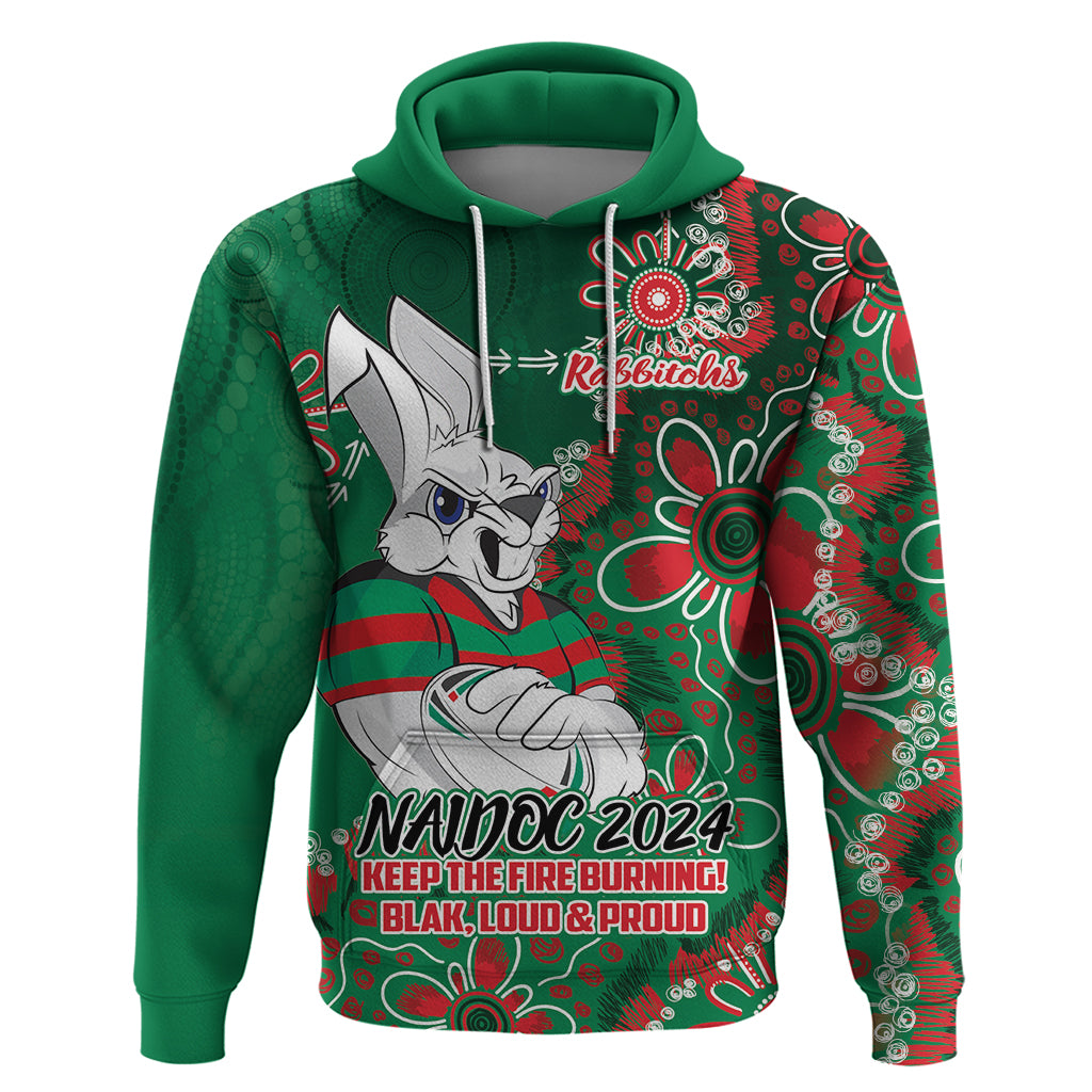 Personalised Rabbitohs NAIDOC Week 2024 Hoodie Aboriginal Fire Burning Sparks