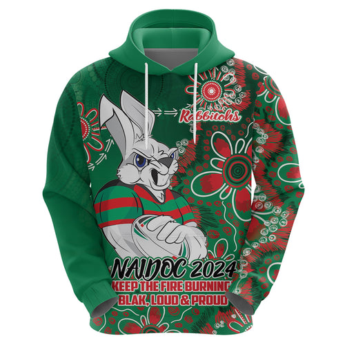 Personalised Rabbitohs NAIDOC Week 2024 Hoodie Aboriginal Fire Burning Sparks
