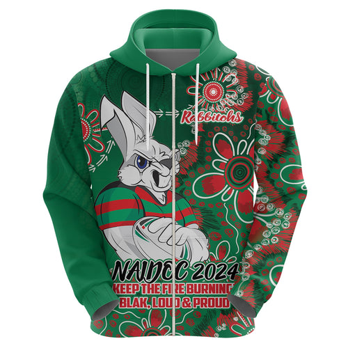 Personalised Rabbitohs NAIDOC Week 2024 Hoodie Aboriginal Fire Burning Sparks