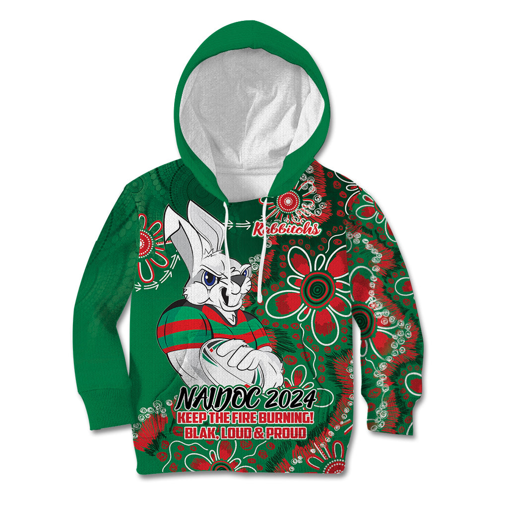 Personalised Rabbitohs NAIDOC Week 2024 Kid Hoodie Aboriginal Fire Burning Sparks