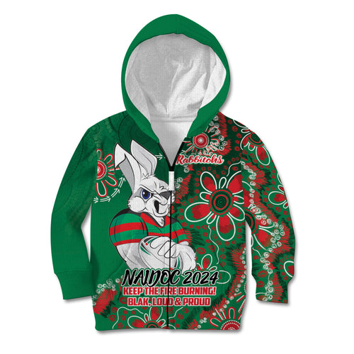 Personalised Rabbitohs NAIDOC Week 2024 Kid Hoodie Aboriginal Fire Burning Sparks