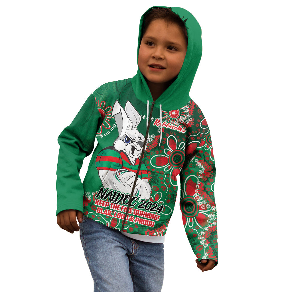 Personalised Rabbitohs NAIDOC Week 2024 Kid Hoodie Aboriginal Fire Burning Sparks