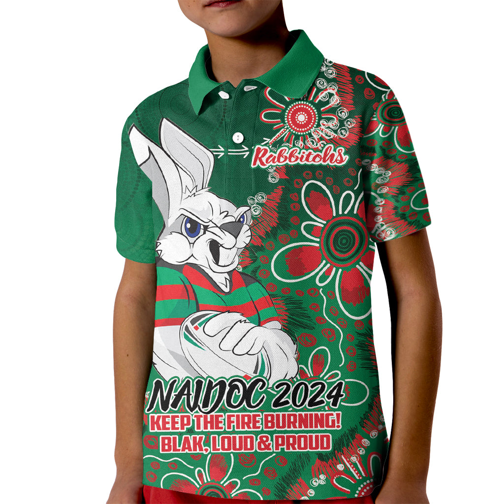 Personalised Rabbitohs NAIDOC Week 2024 Kid Polo Shirt Aboriginal Fire Burning Sparks