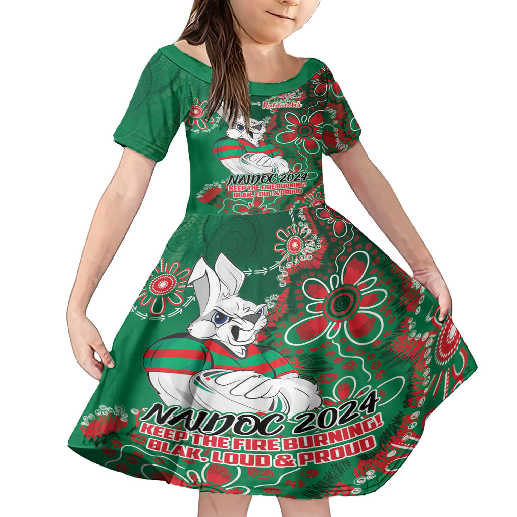 Personalised Rabbitohs NAIDOC Week 2024 Kid Short Sleeve Dress Aboriginal Fire Burning Sparks
