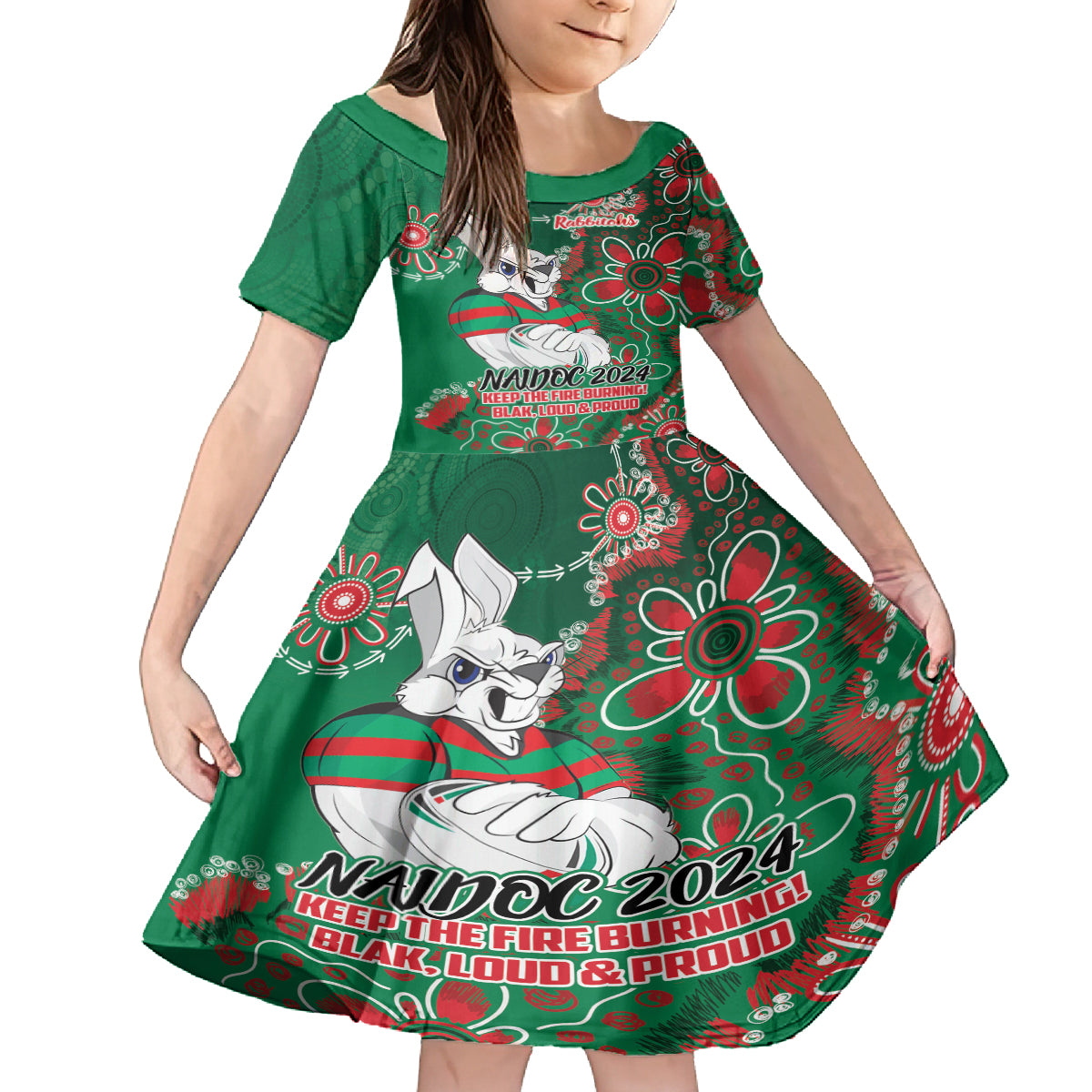 Personalised Rabbitohs NAIDOC Week 2024 Kid Short Sleeve Dress Aboriginal Fire Burning Sparks