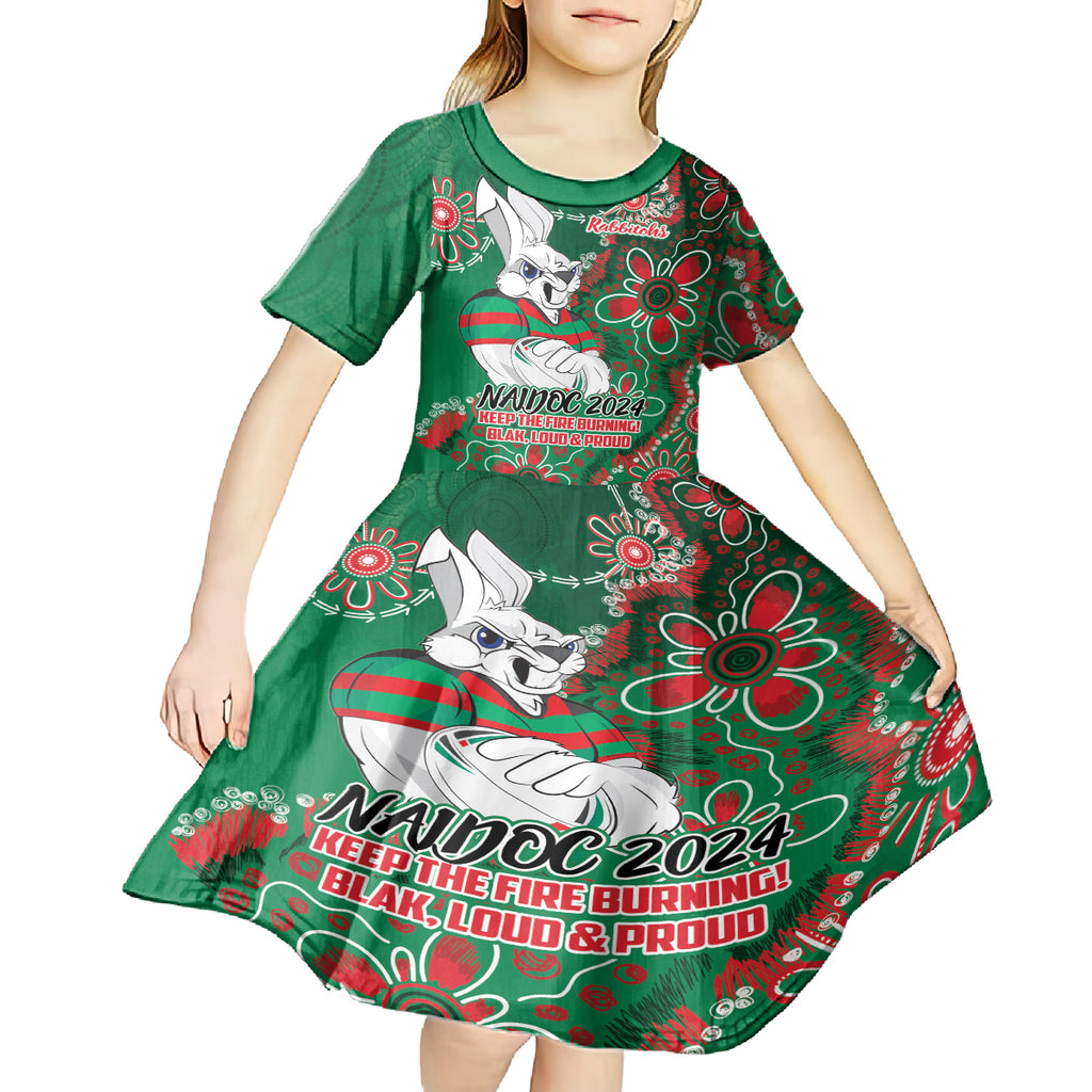Personalised Rabbitohs NAIDOC Week 2024 Kid Short Sleeve Dress Aboriginal Fire Burning Sparks