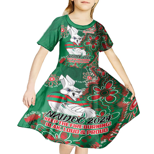 Personalised Rabbitohs NAIDOC Week 2024 Kid Short Sleeve Dress Aboriginal Fire Burning Sparks