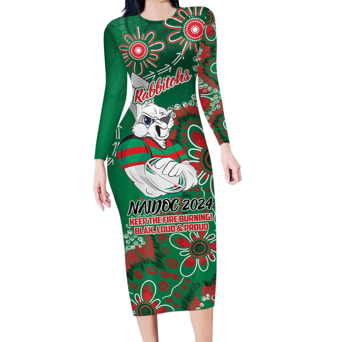 Personalised Rabbitohs NAIDOC Week 2024 Long Sleeve Bodycon Dress Aboriginal Fire Burning Sparks