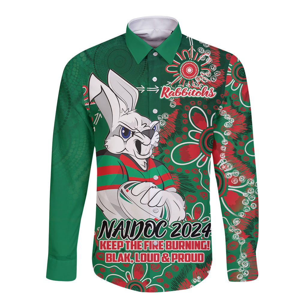 Personalised Rabbitohs NAIDOC Week 2024 Long Sleeve Button Shirt Aboriginal Fire Burning Sparks