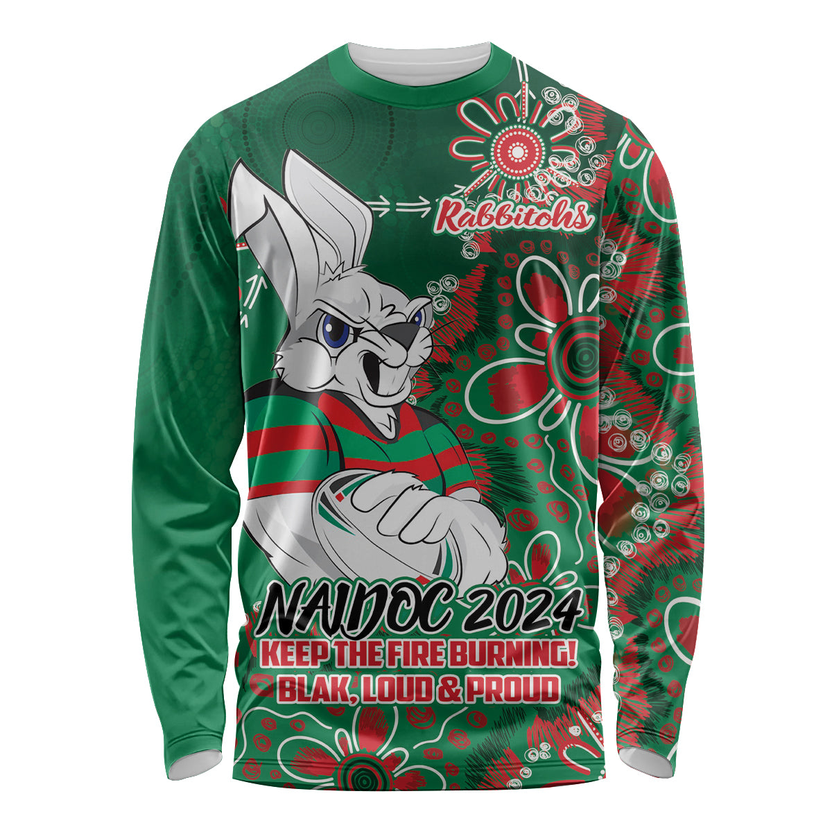 Personalised Rabbitohs NAIDOC Week 2024 Long Sleeve Shirt Aboriginal Fire Burning Sparks