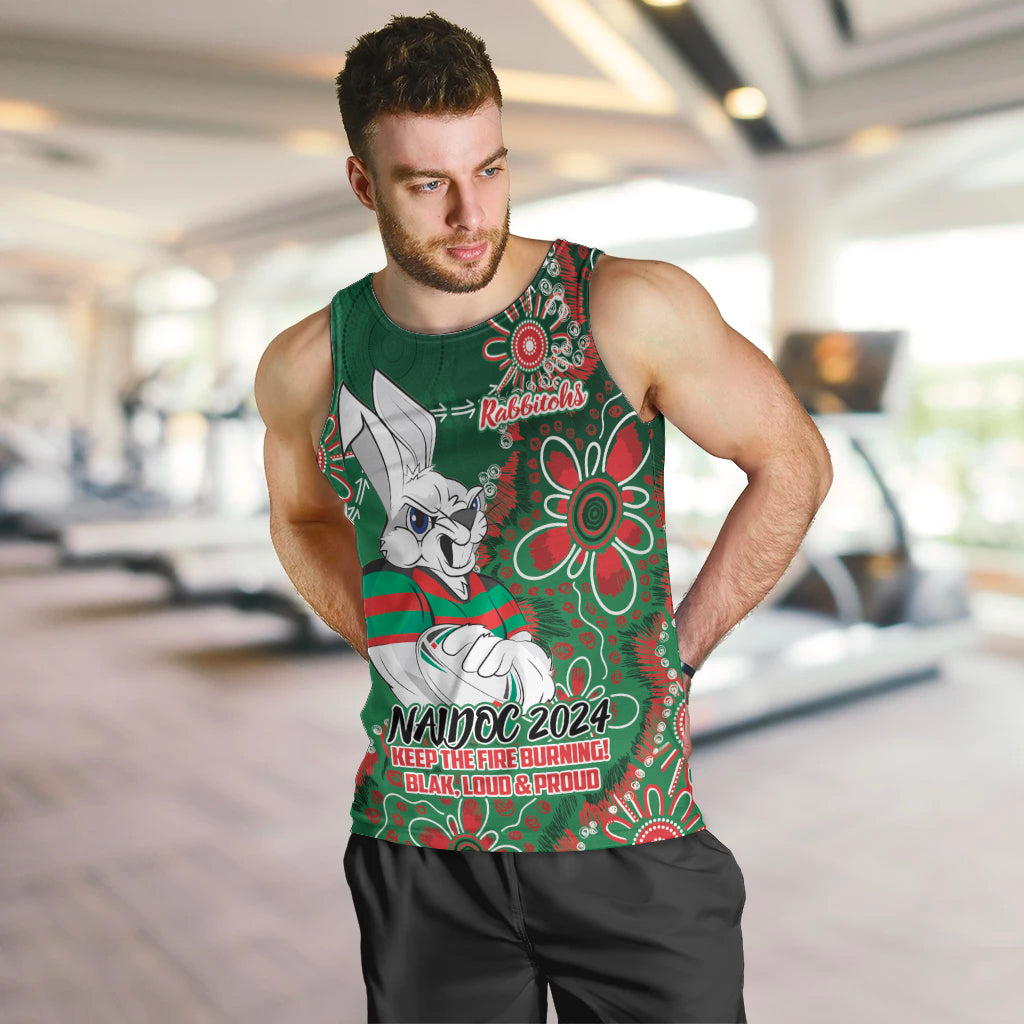 Personalised Rabbitohs NAIDOC Week 2024 Men Tank Top Aboriginal Fire Burning Sparks