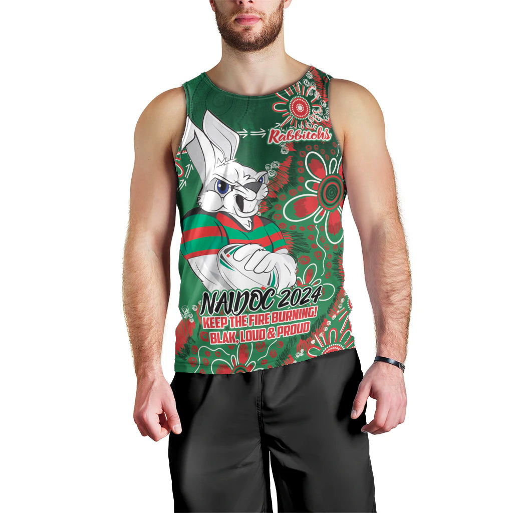 Personalised Rabbitohs NAIDOC Week 2024 Men Tank Top Aboriginal Fire Burning Sparks