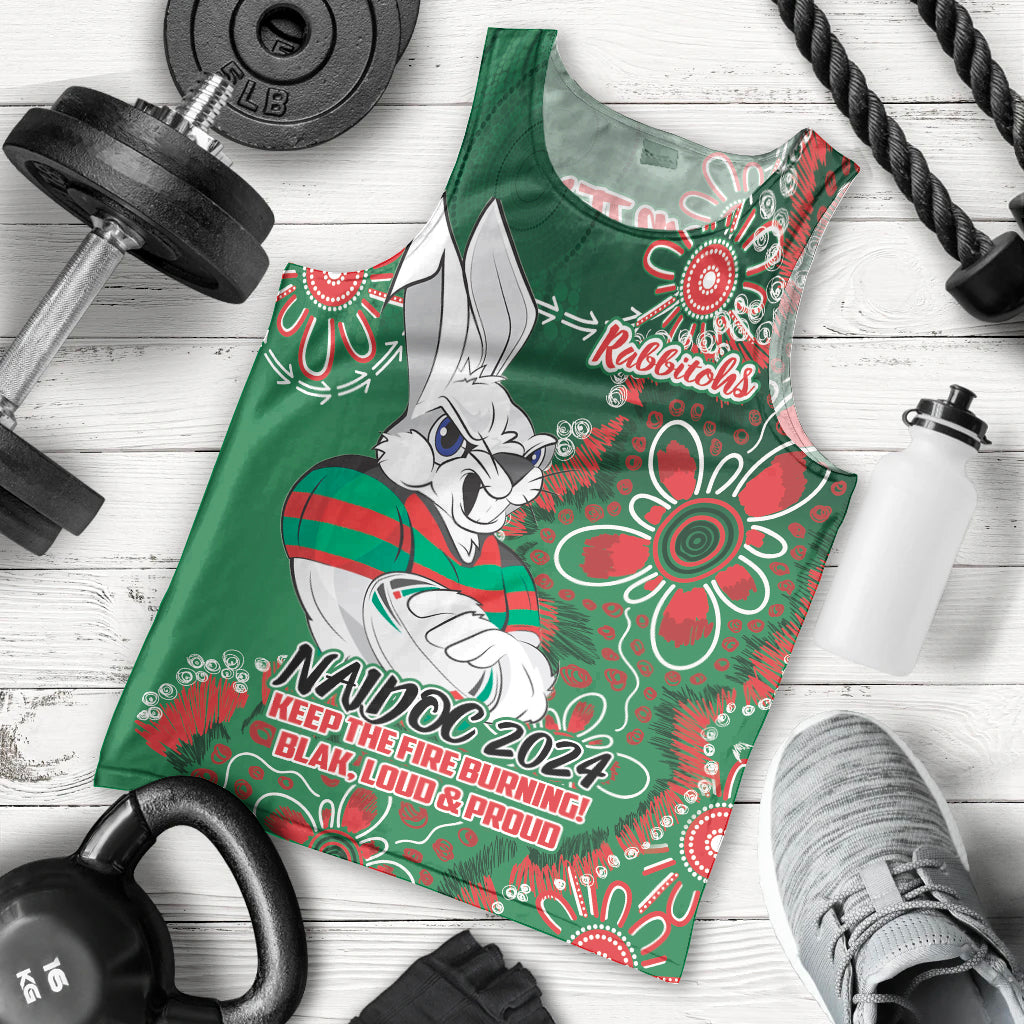 Personalised Rabbitohs NAIDOC Week 2024 Men Tank Top Aboriginal Fire Burning Sparks