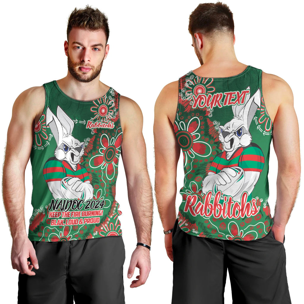 Personalised Rabbitohs NAIDOC Week 2024 Men Tank Top Aboriginal Fire Burning Sparks