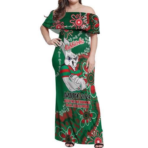 Personalised Rabbitohs NAIDOC Week 2024 Off Shoulder Maxi Dress Aboriginal Fire Burning Sparks