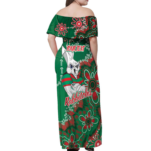 Personalised Rabbitohs NAIDOC Week 2024 Off Shoulder Maxi Dress Aboriginal Fire Burning Sparks