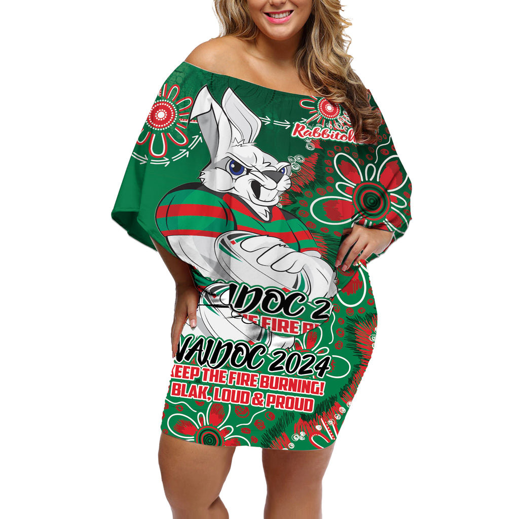 Personalised Rabbitohs NAIDOC Week 2024 Off Shoulder Short Dress Aboriginal Fire Burning Sparks