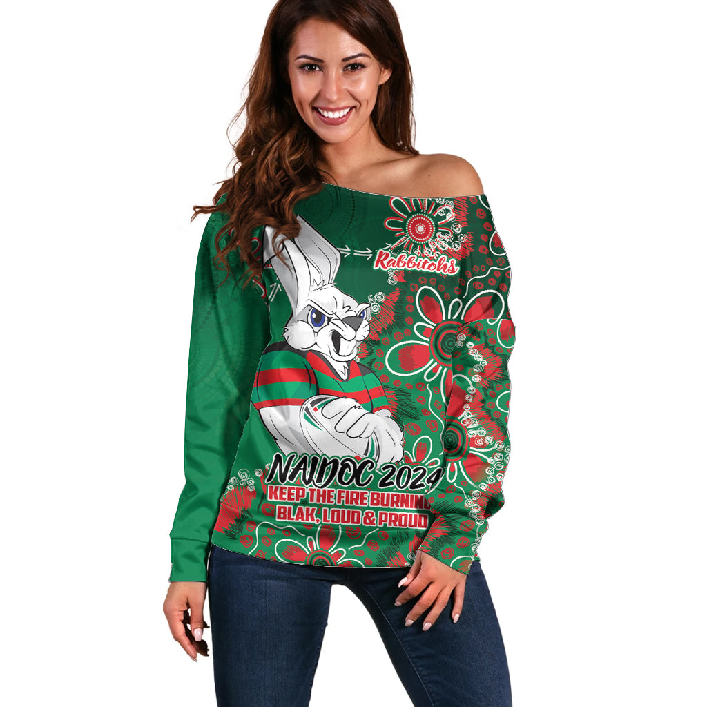 Personalised Rabbitohs NAIDOC Week 2024 Off Shoulder Sweater Aboriginal Fire Burning Sparks