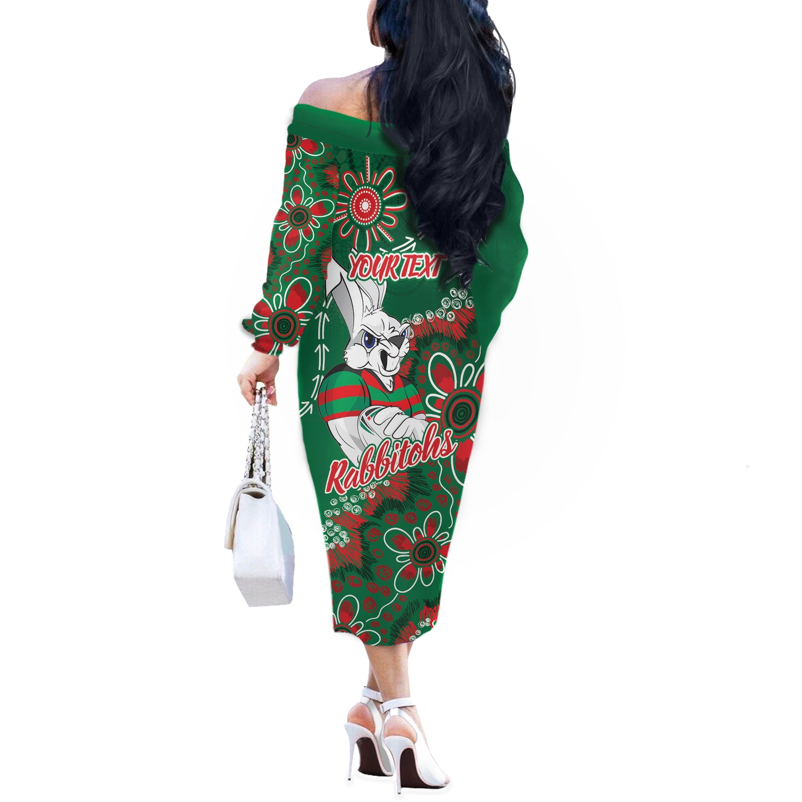 Personalised Rabbitohs NAIDOC Week 2024 Off The Shoulder Long Sleeve Dress Aboriginal Fire Burning Sparks