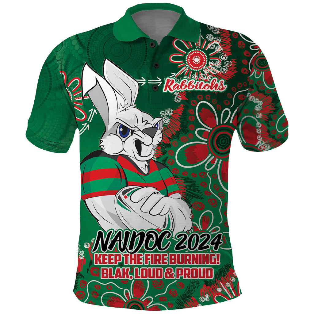 Personalised Rabbitohs NAIDOC Week 2024 Polo Shirt Aboriginal Fire Burning Sparks