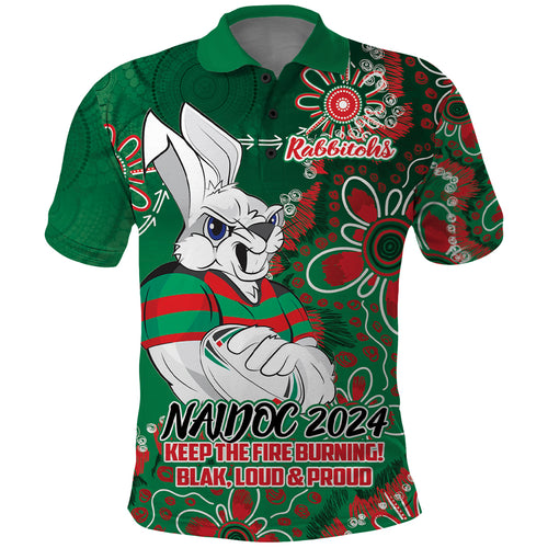 Personalised Rabbitohs NAIDOC Week 2024 Polo Shirt Aboriginal Fire Burning Sparks