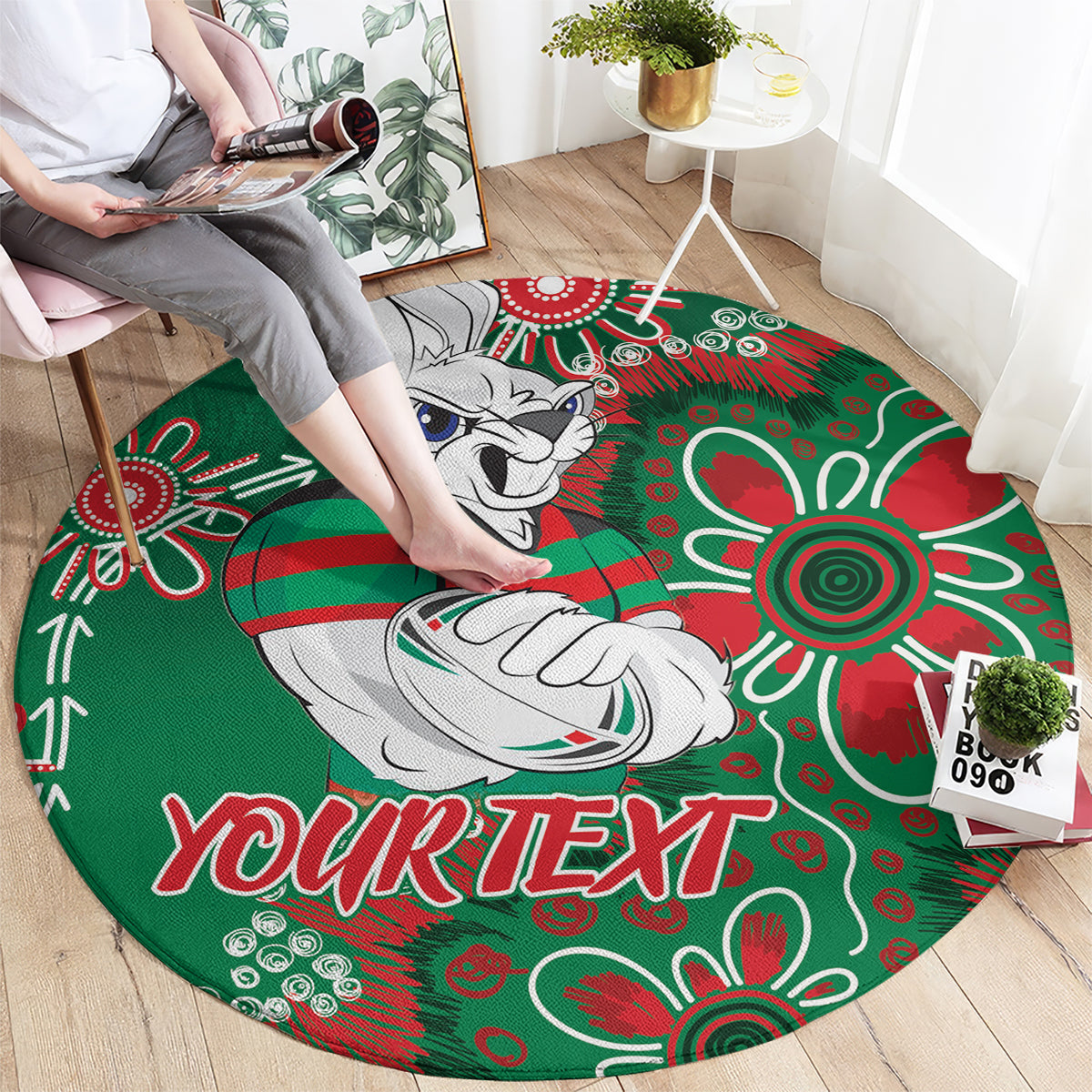 Personalised Rabbitohs NAIDOC Week 2024 Round Carpet Aboriginal Fire Burning Sparks