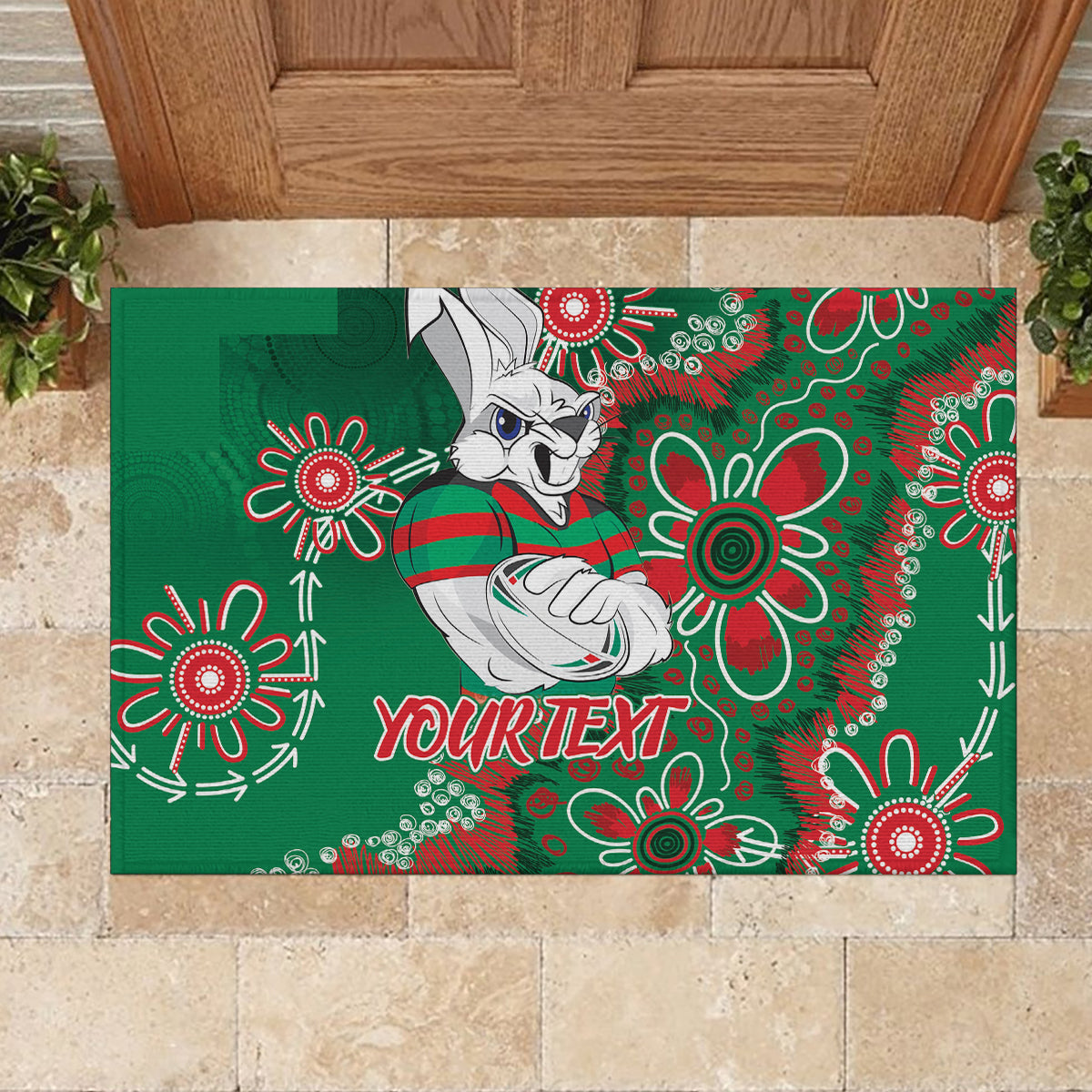 Personalised Rabbitohs NAIDOC Week 2024 Rubber Doormat Aboriginal Fire Burning Sparks
