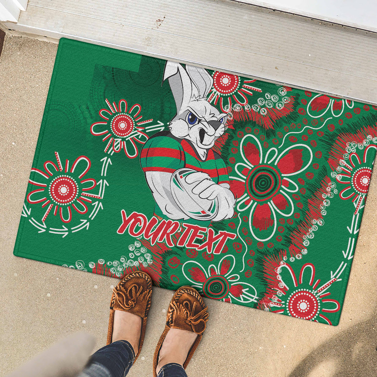 Personalised Rabbitohs NAIDOC Week 2024 Rubber Doormat Aboriginal Fire Burning Sparks
