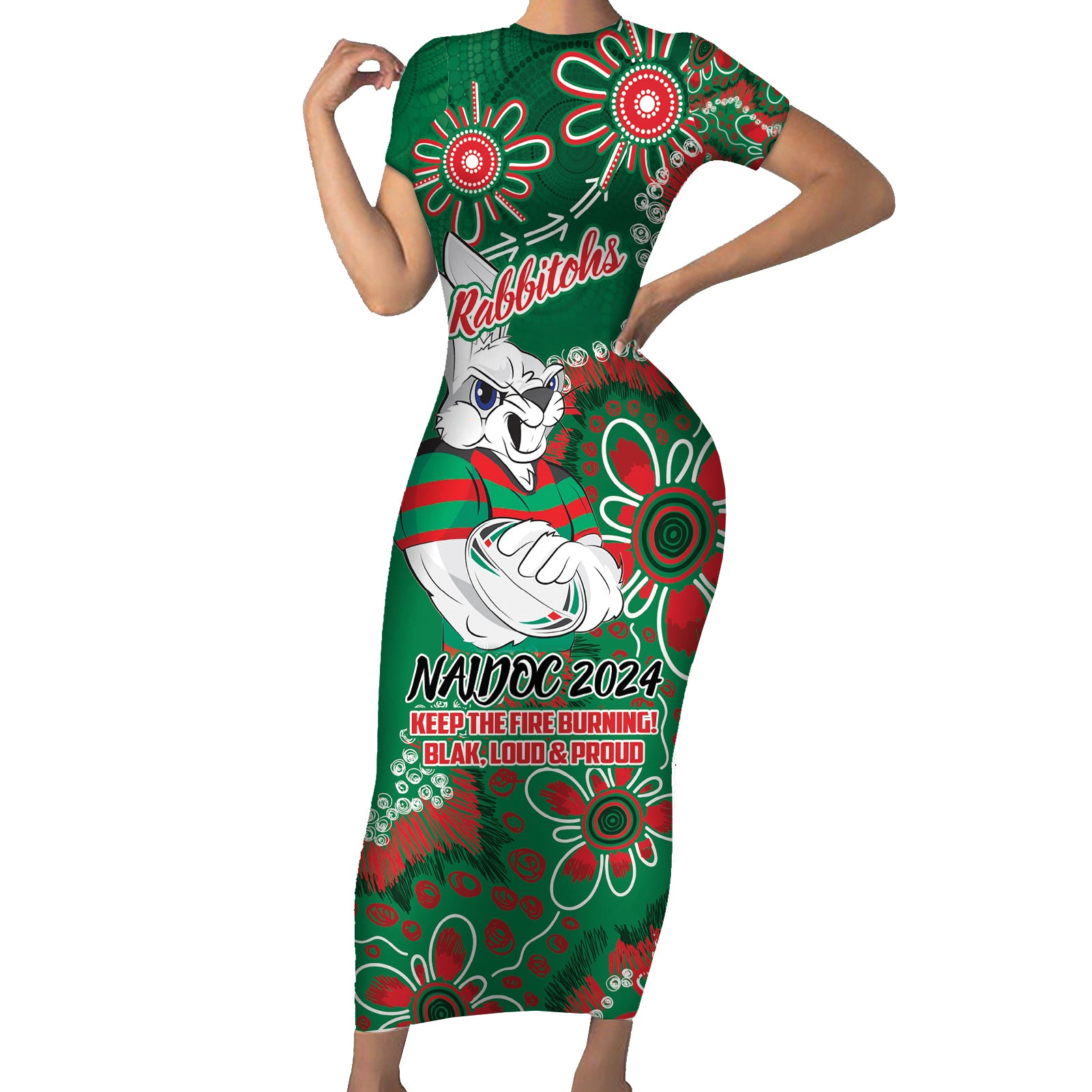 Personalised Rabbitohs NAIDOC Week 2024 Short Sleeve Bodycon Dress Aboriginal Fire Burning Sparks