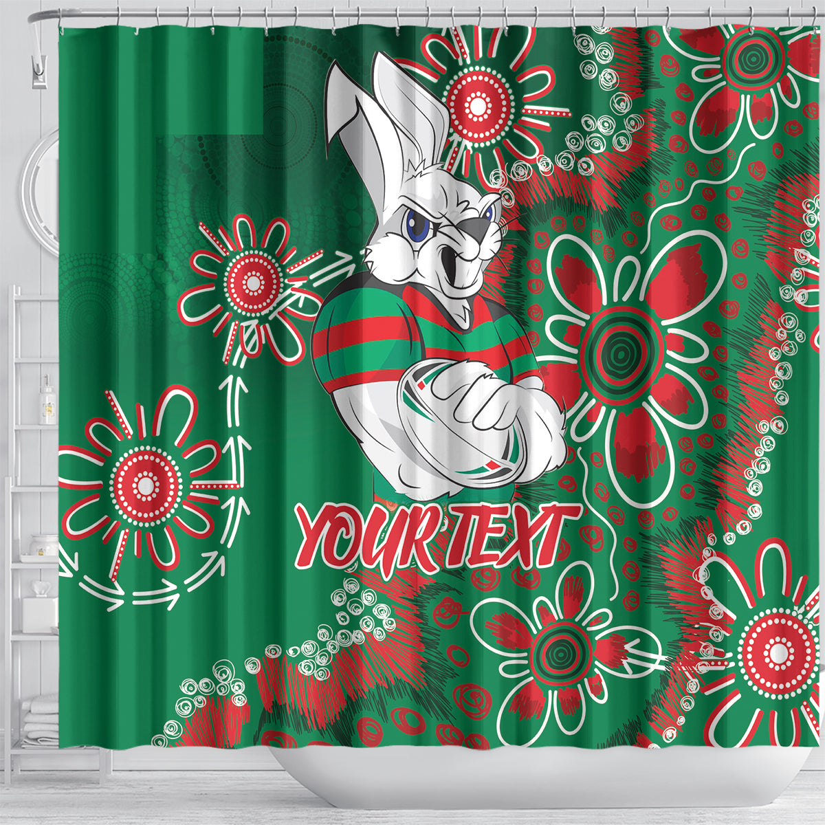 Personalised Rabbitohs NAIDOC Week 2024 Shower Curtain Aboriginal Fire Burning Sparks