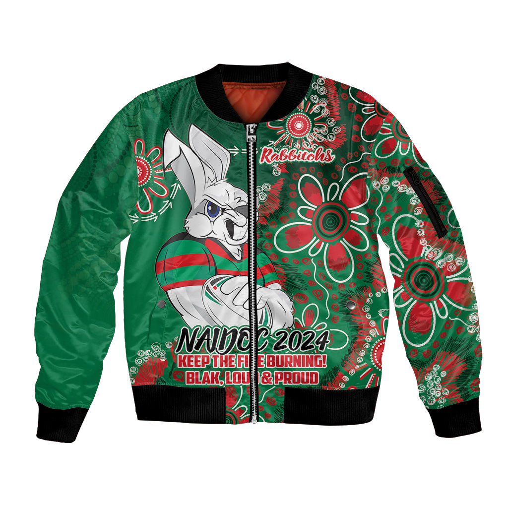 Personalised Rabbitohs NAIDOC Week 2024 Sleeve Zip Bomber Jacket Aboriginal Fire Burning Sparks