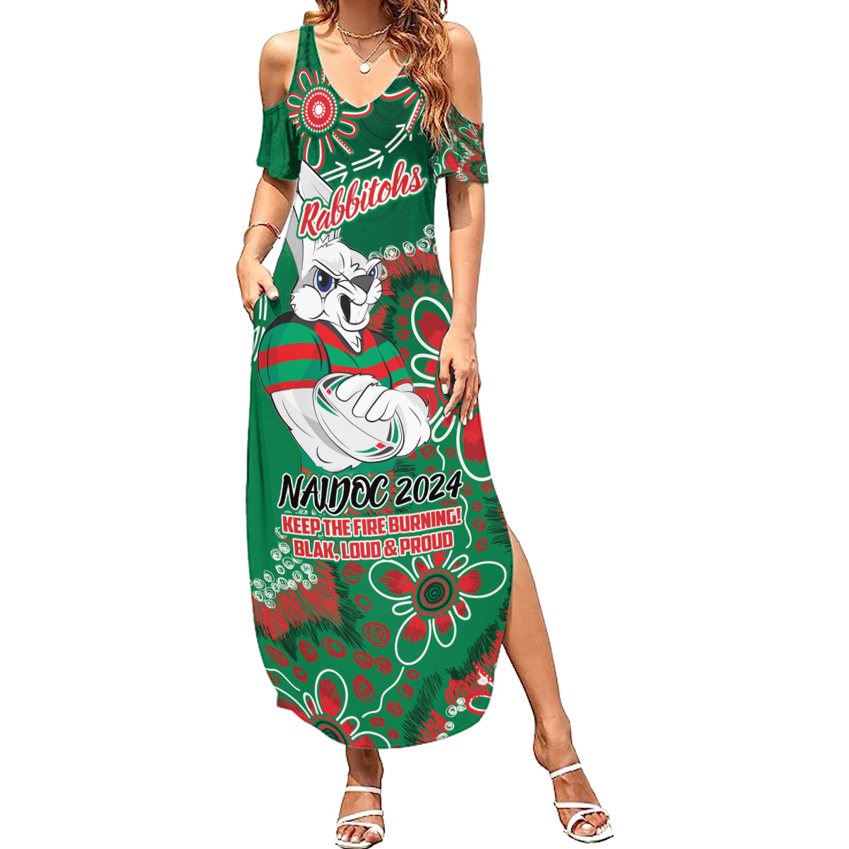 Personalised Rabbitohs NAIDOC Week 2024 Summer Maxi Dress Aboriginal Fire Burning Sparks