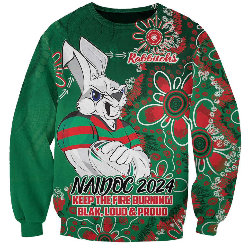 Personalised Rabbitohs NAIDOC Week 2024 Sweatshirt Aboriginal Fire Burning Sparks