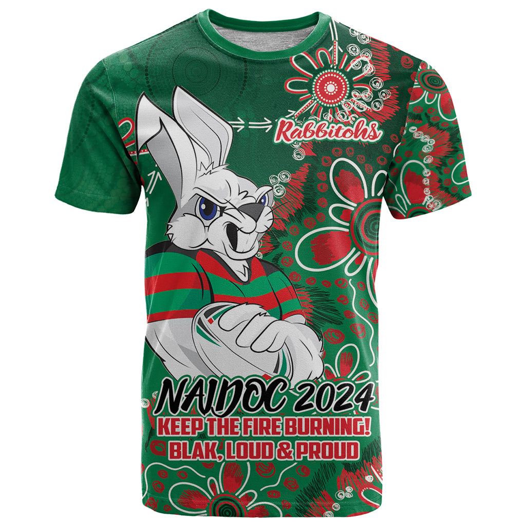 Personalised Rabbitohs NAIDOC Week 2024 T Shirt Aboriginal Fire Burning Sparks