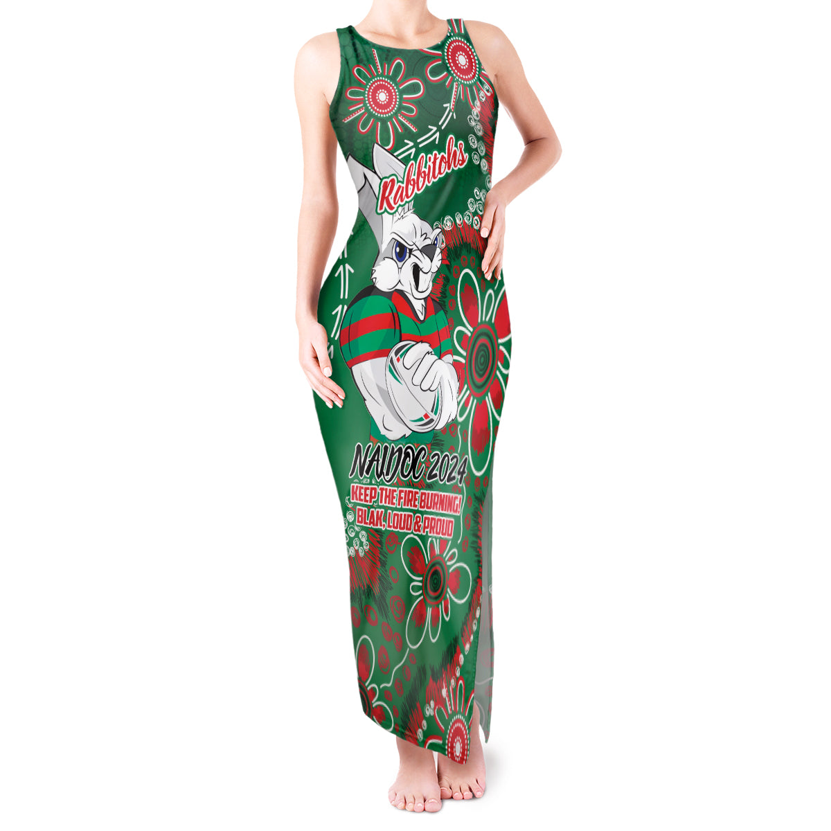 Personalised Rabbitohs NAIDOC Week 2024 Tank Maxi Dress Aboriginal Fire Burning Sparks