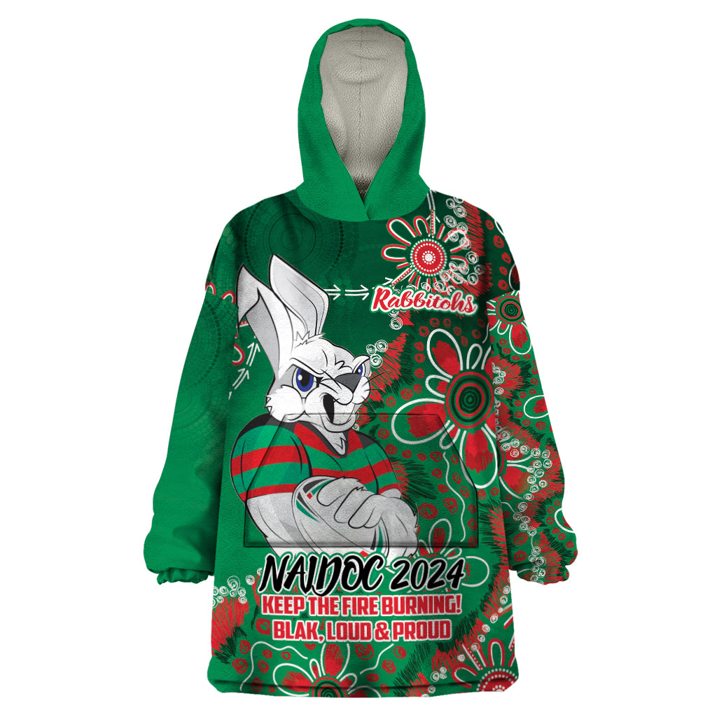 Personalised Rabbitohs NAIDOC Week 2024 Wearable Blanket Hoodie Aboriginal Fire Burning Sparks