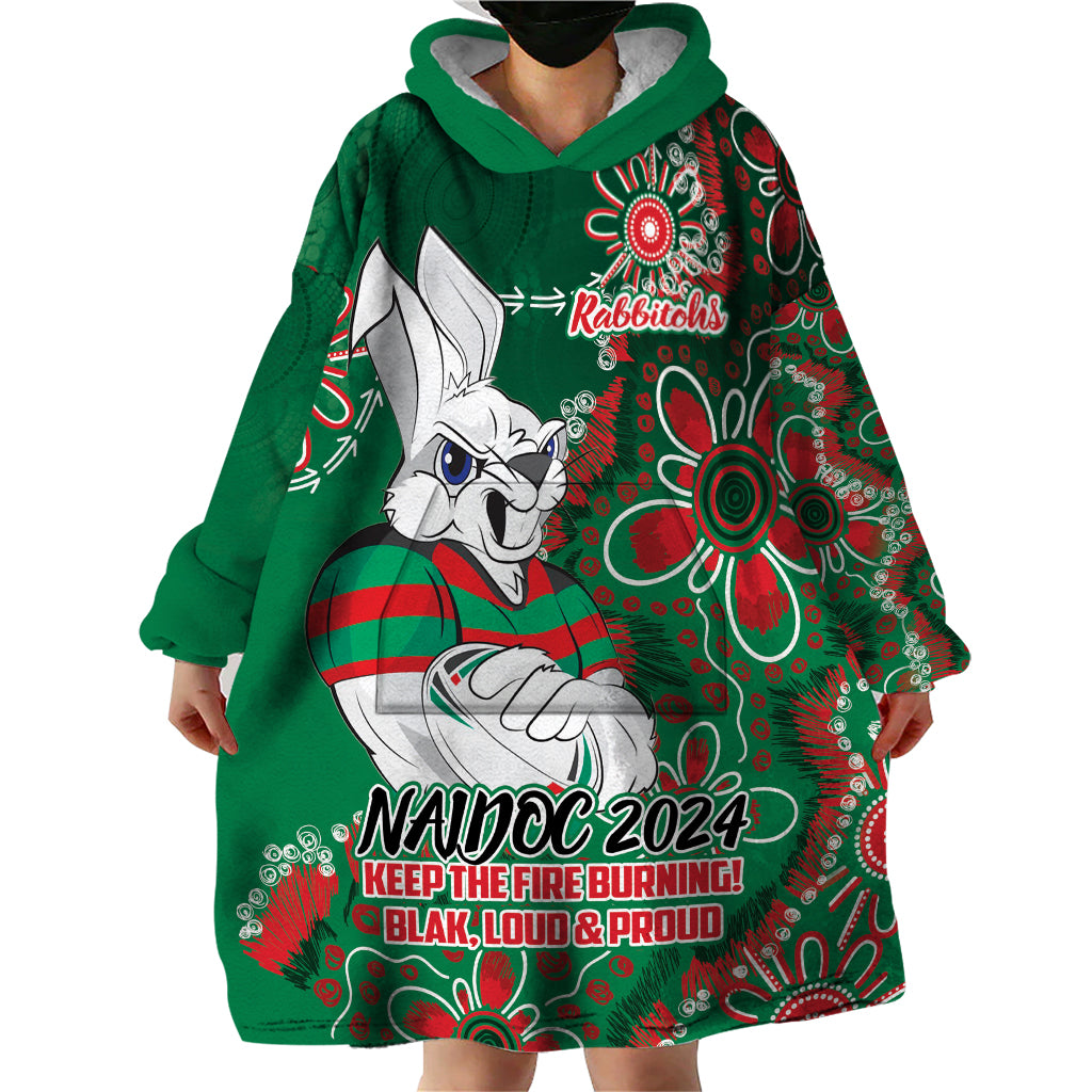 Personalised Rabbitohs NAIDOC Week 2024 Wearable Blanket Hoodie Aboriginal Fire Burning Sparks