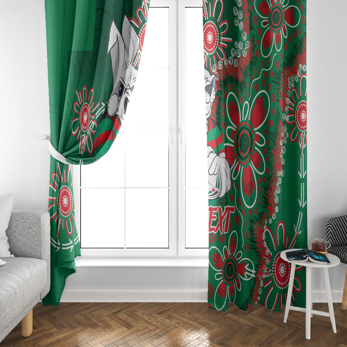 Personalised Rabbitohs NAIDOC Week 2024 Window Curtain Aboriginal Fire Burning Sparks