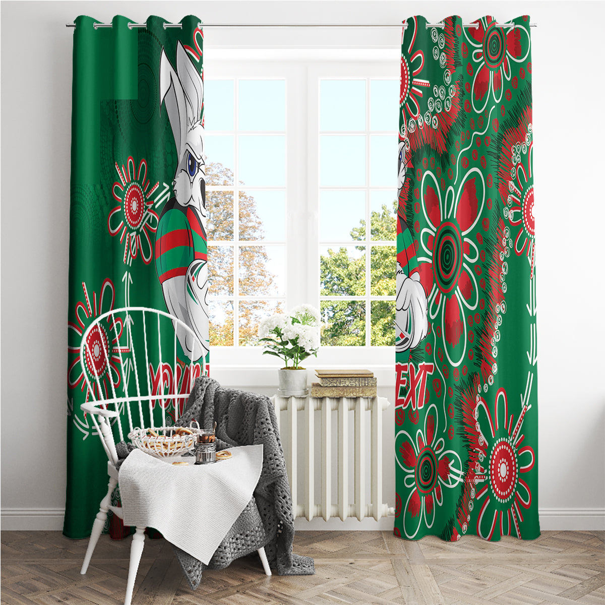 Personalised Rabbitohs NAIDOC Week 2024 Window Curtain Aboriginal Fire Burning Sparks