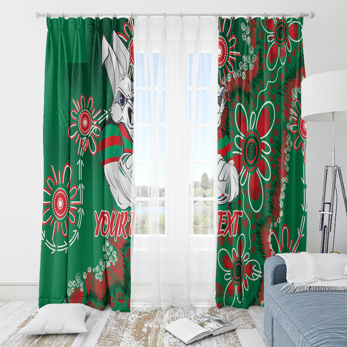 Personalised Rabbitohs NAIDOC Week 2024 Window Curtain Aboriginal Fire Burning Sparks