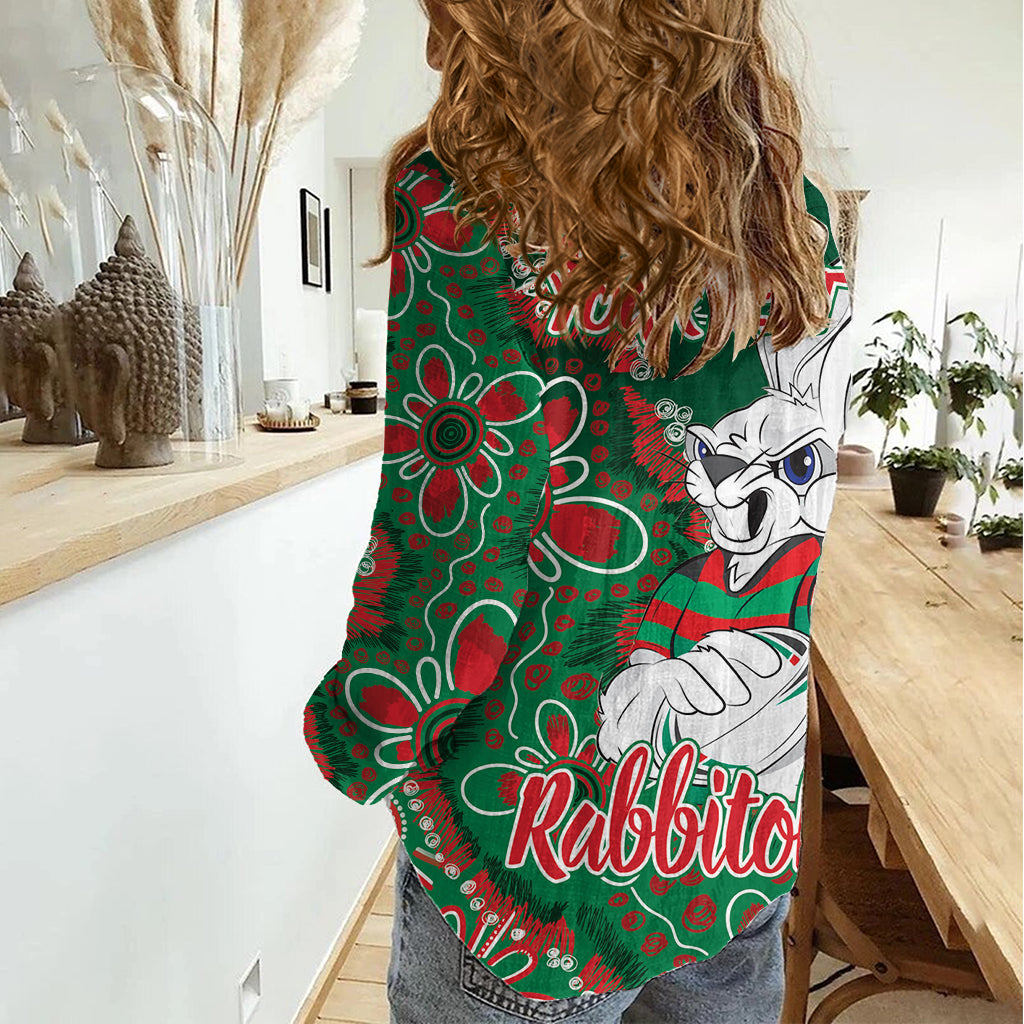 Personalised Rabbitohs NAIDOC Week 2024 Women Casual Shirt Aboriginal Fire Burning Sparks