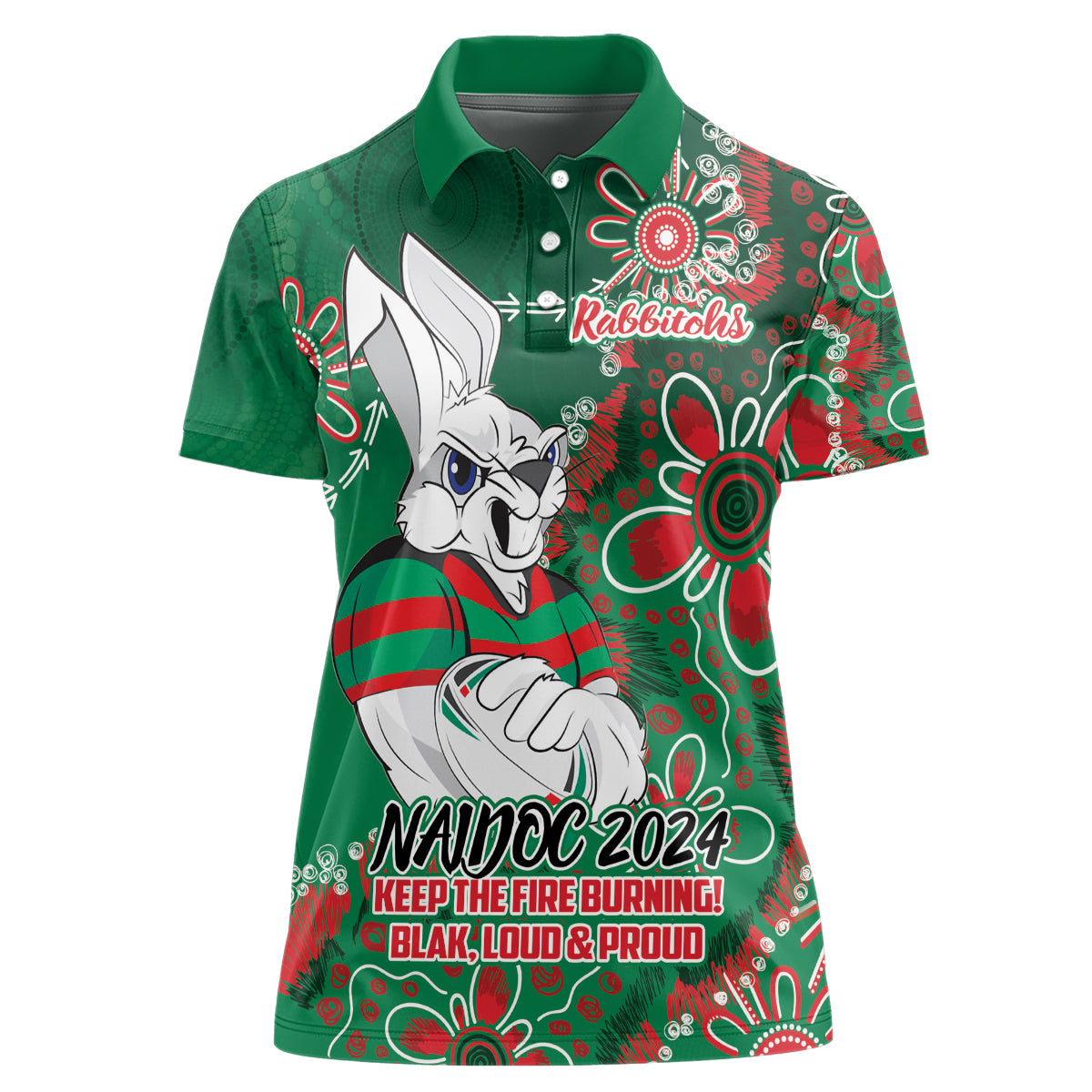 Personalised Rabbitohs NAIDOC Week 2024 Women Polo Shirt Aboriginal Fire Burning Sparks