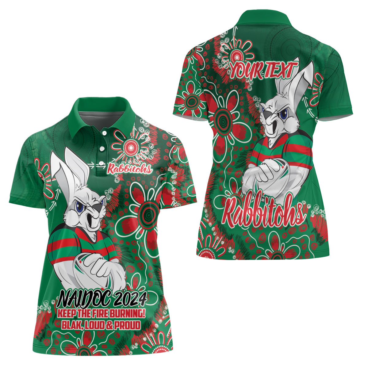 Personalised Rabbitohs NAIDOC Week 2024 Women Polo Shirt Aboriginal Fire Burning Sparks