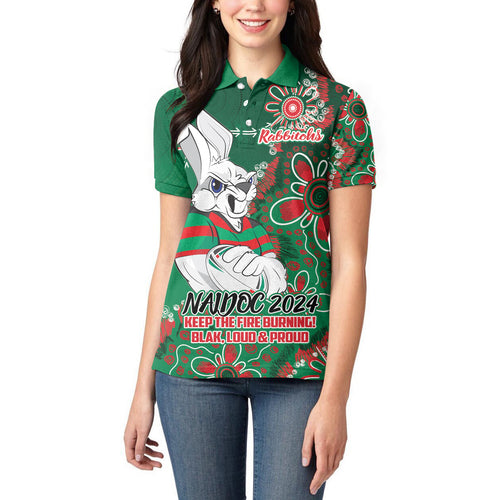 Personalised Rabbitohs NAIDOC Week 2024 Women Polo Shirt Aboriginal Fire Burning Sparks