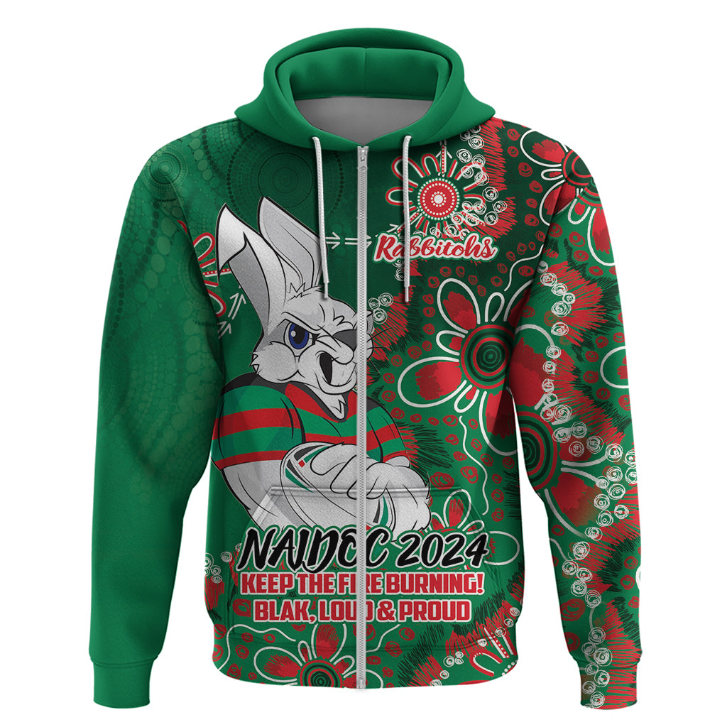 Personalised Rabbitohs NAIDOC Week 2024 Zip Hoodie Aboriginal Fire Burning Sparks