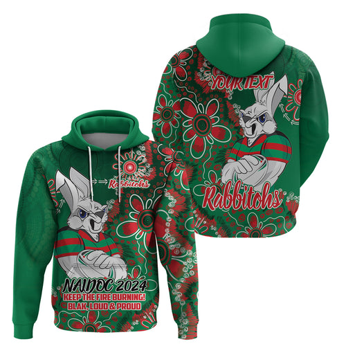 Personalised Rabbitohs NAIDOC Week 2024 Zip Hoodie Aboriginal Fire Burning Sparks