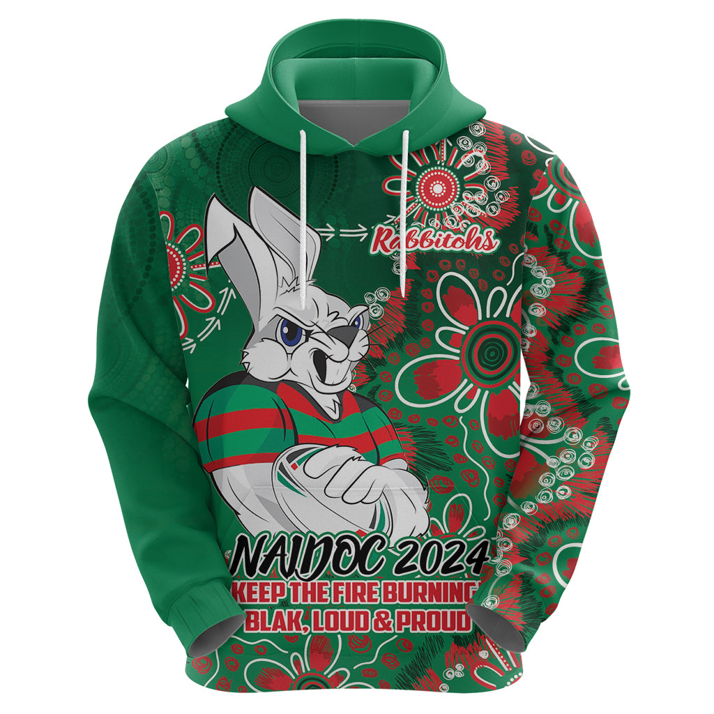 Personalised Rabbitohs NAIDOC Week 2024 Zip Hoodie Aboriginal Fire Burning Sparks