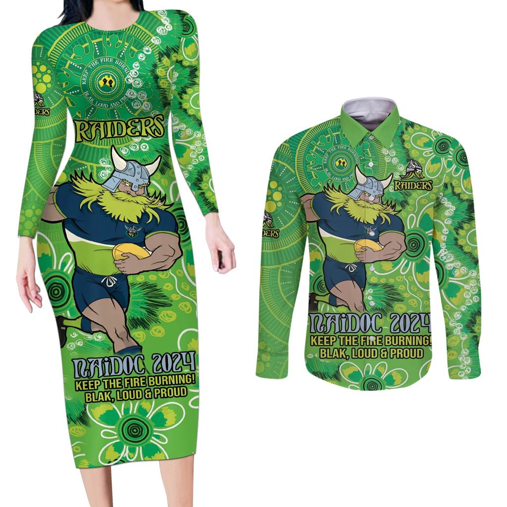 Personalised Raiders NAIDOC Week 2024 Couples Matching Long Sleeve Bodycon Dress and Long Sleeve Button Shirt Aboriginal Fire Burning Sparks