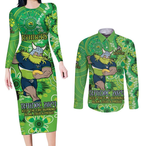 Personalised Raiders NAIDOC Week 2024 Couples Matching Long Sleeve Bodycon Dress and Long Sleeve Button Shirt Aboriginal Fire Burning Sparks